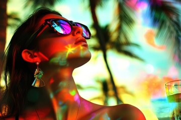 Vibrant Lounge Party Vibes: Young Woman Enjoying Cocktails by the Pool in Tropical Miami Atmosphere