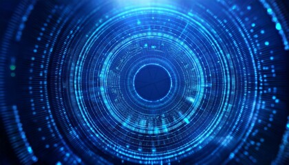 Fototapeta premium Cybernetic Eye: Abstract digital art depicting a futuristic, glowing blue eye with concentric circles and data streams, evoking themes of technology, innovation, and artificial intelligence.