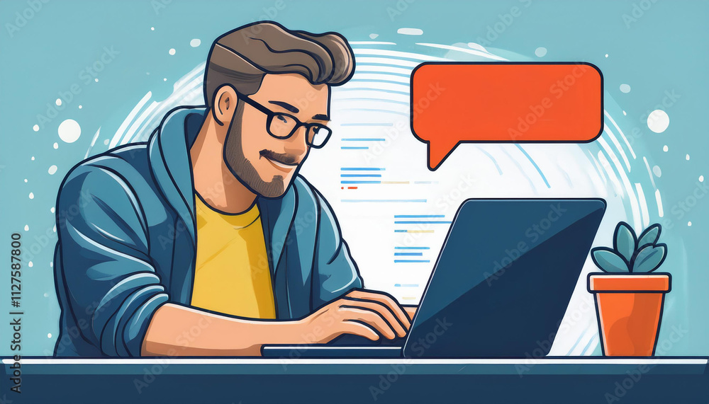 Aufkleber focused programmer with laptop and chat bubble: a cartoon-style illustration of a focused programmer