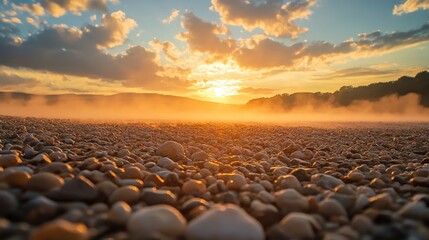 Serene Gravel Landscape: Captivating Background of Gravel Mist and Sunset Clouds