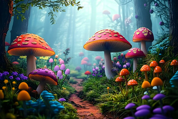 Fantastic wonderland forest landscape with mushrooms and flowers.