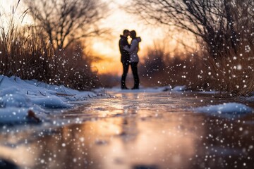 Obraz premium Silhouetted couple kissing on frozen lake at sunset with falling snow. romantic winter scene