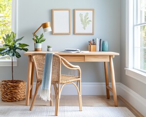 Fototapeta premium Boho Home Office with Rattan Chair and Natural Wood Desk