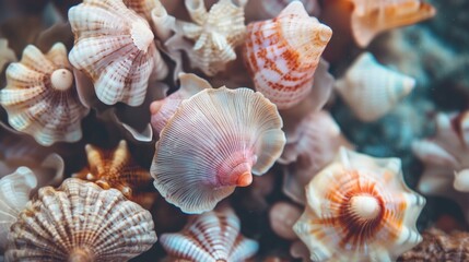 Closeup of colorful seashells underwater with delicate textures