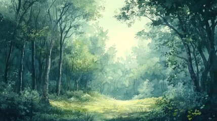 Watercolor painting, serene forest, sunlit clearing.