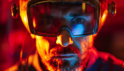 A man in welding glasses on red background