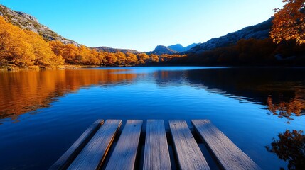 Obraz premium A wooden dock in the middle of a lake surrounded by trees