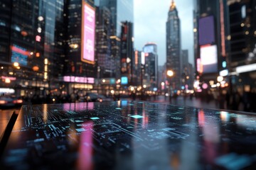 Fototapeta premium A captivating view of a bustling cityscape filled with neon lights and advanced technology, reflecting the vibrancy and dynamic life of urban centers in a modern age.