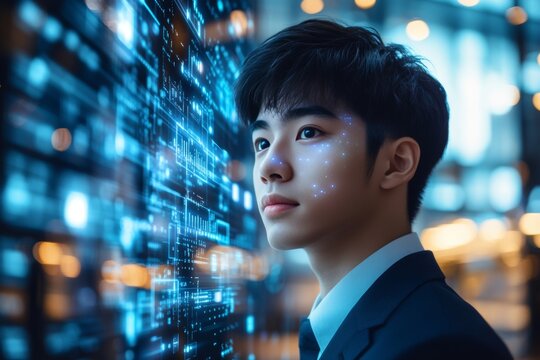 Young professional in suit with digital data overlay representing technology and innovation - Powered by Adobe