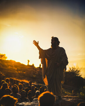 The apostle Paul teaching the gospel to a crowd of people on a mount outside of Jerusalem