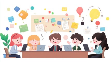 Fototapeta premium Collaborative Office Team Planning Session: Entrepreneurs Strategizing with Visual Aids on Wall Stickers