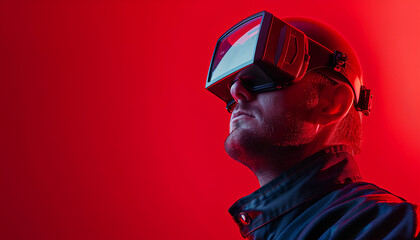 Obraz premium A man in welding glasses on red background