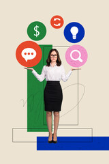 Vertical art banner collage of happy businesswoman show interface icon message dollar sign arrow...
