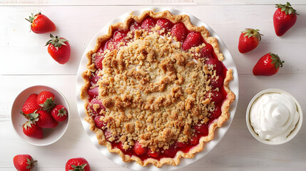 Delicious strawberry crumble pie on white wood, surrounded by fresh strawberries and whipped cream.