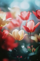 Fototapeta premium A bunch of red and yellow flowers are in a field