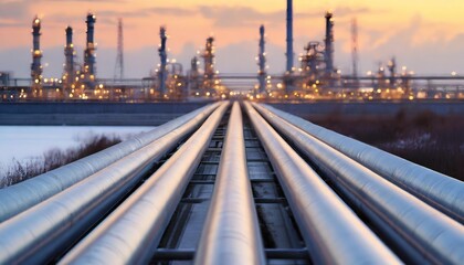 Obraz premium Industrial pipelines extending towards a refinery at dusk, capturing the essence of the oil and gas industry