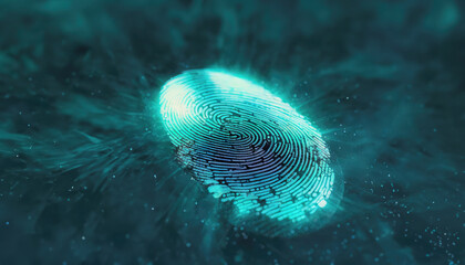 Highly detailed glowing fingerprint with technical wireframe design and dark blue lighting accents background