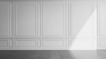 Naklejka premium Contemporary Classic White Interiors Featuring Wall Panels in a Spacious Three-Dimensional Apartment Setting