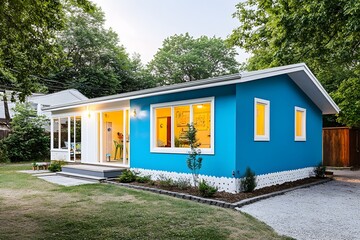 A vibrant blue house with a welcoming porch and landscaped yard.