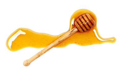 Honey and wooden dipper isolated on white background, top view
