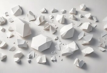 Isolated shapes of paper fragments on a plain white surface, paper confetti, paper fragments, ripped papers