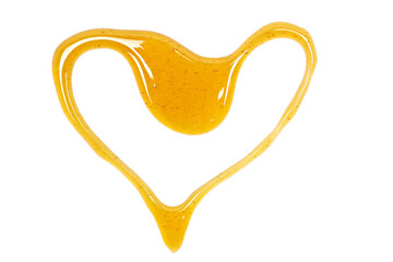 Honey spill in shape heart isolated on white, top view	