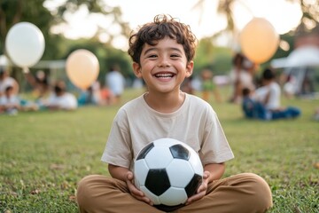 A smiling child sits in a garden holding a black and white soccer ball, symbolizing joy, playfulness, and the childhood experience of playing and enjoying outdoor sports.