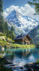 Fototapeta premium A serene mountain landscape featuring a cozy cabin by a tranquil lake.