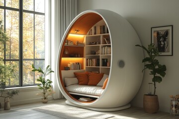 Modern egg-shaped reading nook with built-in bookshelf and comfortable seating.