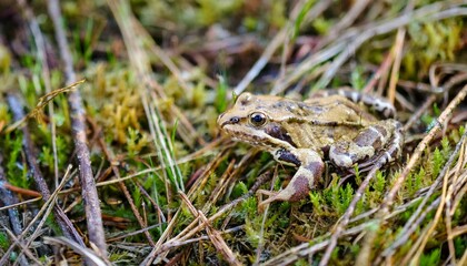 Fototapeta premium 작은 연못가의 말라버린 이끼 사이에서 마지막으로 남은 개구리 한 마리
