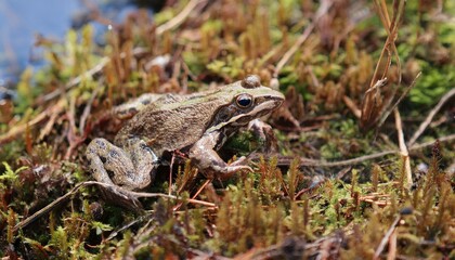 Naklejka premium 작은 연못가의 말라버린 이끼 사이에서 마지막으로 남은 개구리 한 마리