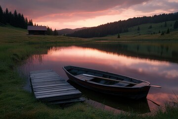 Obraz premium A small boat is sitting on a dock next to a lake