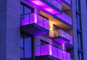 A building with purple lights on the balconies