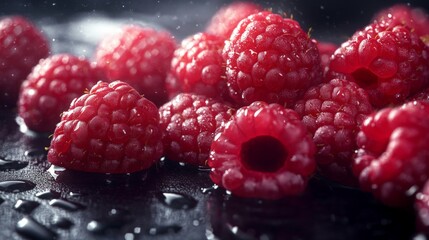 A macro shot of fresh raspberries, focusing on their vibrant red color and textured surface. The...