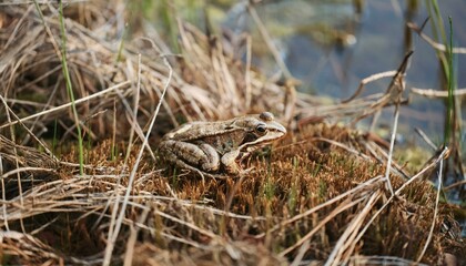 Obraz premium 작은 연못가의 말라버린 이끼 사이에서 마지막으로 남은 개구리 한 마리