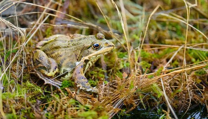 Fototapeta premium 작은 연못가의 말라버린 이끼 사이에서 마지막으로 남은 개구리 한 마리