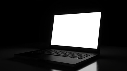 Black laptop with glowing white screen in dark setting. modern technology