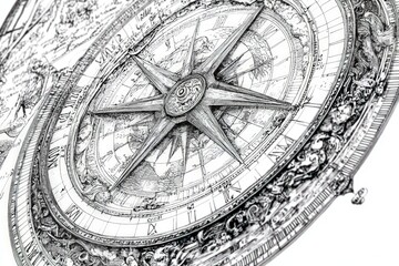 Naklejka premium Ornate compass rose, detailed map, navigational instrument.