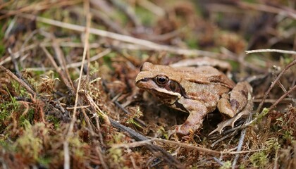 Obraz premium 작은 연못가의 말라버린 이끼 사이에서 마지막으로 남은 개구리 한 마리