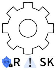 Gear, GDPR shield, RISK text with exclamation mark in triangle. Ideal for data protection, cybersecurity, GDPR compliance, risk management, IT security privacy policy business solutions. Line