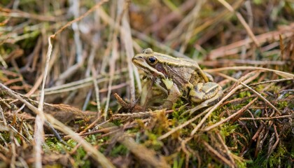 작은 연못가의 말라버린 이끼 사이에서 마지막으로 남은 개구리 한 마리