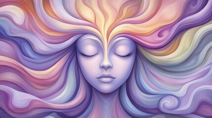 Dreamlike face with flowing pastel hair in a surreal, colorful artwork, AI