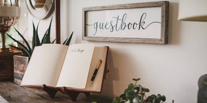 A stylish wedding guestbook displayed on a wooden stand, ready for guests to sign. A framed sign above reads "guestbook" in elegant script, creating a welcoming and organized atmosphere for the event.