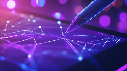 Stylus pen drawing purple and blue digital lines on touchscreen. modern technology