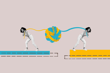 Composite 3D collage trend artwork template design of two young lady twins walk pull thread ball...