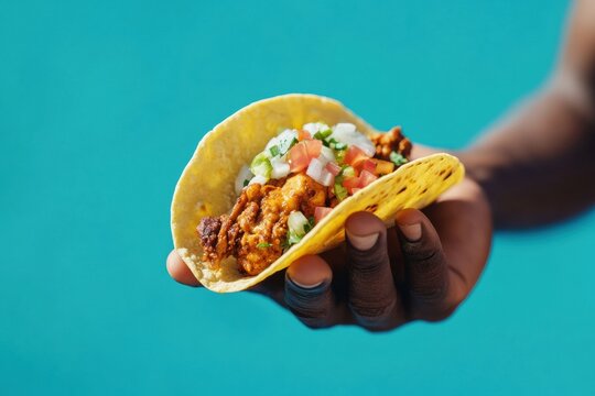 A person is holding a taco with a yellow tortilla
