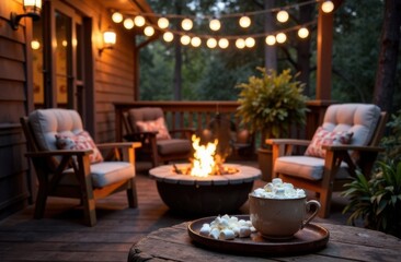 Cozy blankets and hot cocoa create a warm patio atmosphere.
