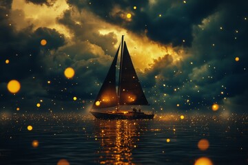 Fototapeta premium Dramatic night storm photography sailboat surrounded by vivid clouds and glowing fireflies