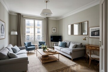 Fototapeta premium Cozy Parisian Flat with Soothing Scandinavian Designs for a Serene Living Room