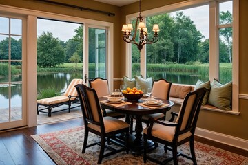 Obraz premium Harmonious Nature-Oriented Interior Design of a Dining Nook with Classic Recliner and Chaise by a Serene Pond View